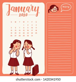 January : 2020 Calendar Template with hand drawn school kids illustration : Vector Illustration