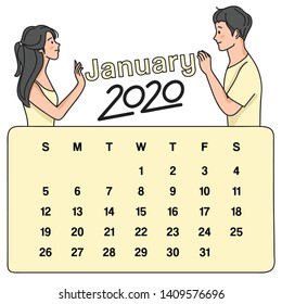 January : 2020 Calendar template : Sweet couple with hand drawn style : Vector illustration