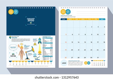 January : 2020 Calendar Template_ Super Brain Food with Nutrition Facts : Vector Illustration