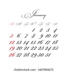 January 2020 Calendar vector with calligraphic font