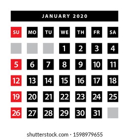 January 2020 calendar vector template