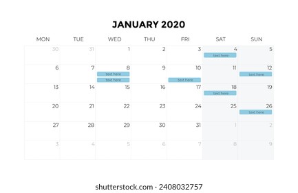 January 2020 Calendar. Wall Calendar Template for January 2020