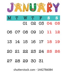 January 2020 cute monster design vector 