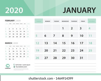 January 2020, Desk Calendar 2020 vector Design, green concept for business; Week Start On Sunday, Planner, Stationery, Printing, Size : 8 x 6 inch