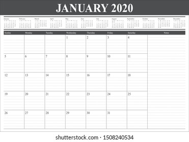 January 2020 desk calendar vector illustration, simple and clean design. 

