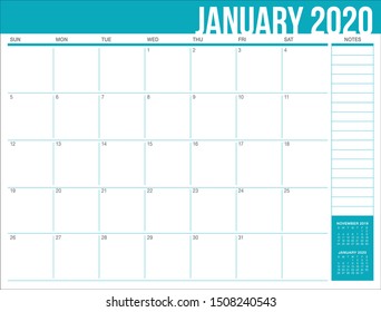 January 2020 desk calendar vector illustration, simple and clean design. 
