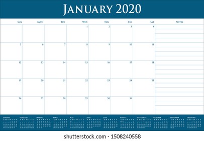 January 2020 desk calendar vector illustration, simple and clean design. 
