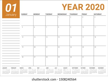 January 2020 desk calendar vector illustration, simple and clean design. 
