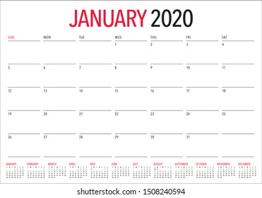 January 2020 desk calendar vector illustration, simple and clean design. 

