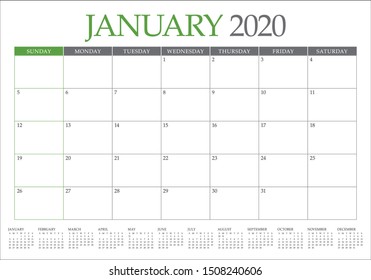 January 2020 desk calendar vector illustration, simple and clean design. 
