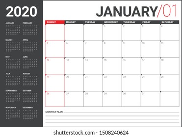 January 2020 desk calendar vector illustration, simple and clean design. 
