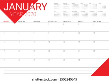 January 2020 desk calendar vector illustration, simple and clean design. 
