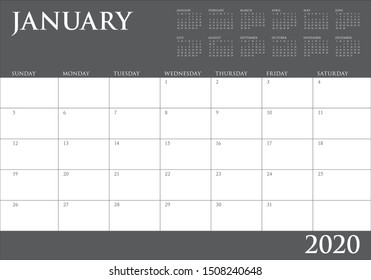 January 2020 desk calendar vector illustration, simple and clean design. 
