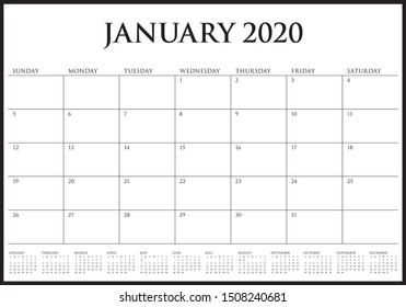 January 2020 desk calendar vector illustration, simple and clean design. 
