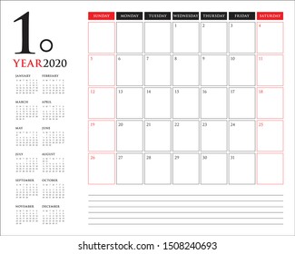 January 2020 desk calendar vector illustration, simple and clean design. 
