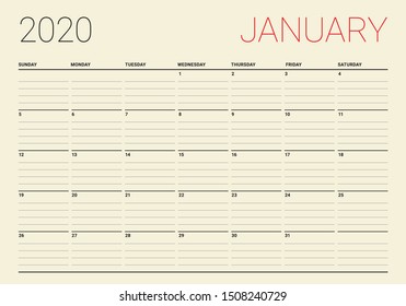 January 2020 desk calendar vector illustration, simple and clean design. 
