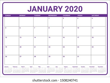 January 2020 desk calendar vector illustration, simple and clean design. 
