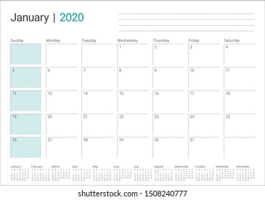 January 2020 desk calendar vector illustration, simple and clean design. 
