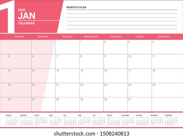 January 2020 desk calendar vector illustration, simple and clean design. 
