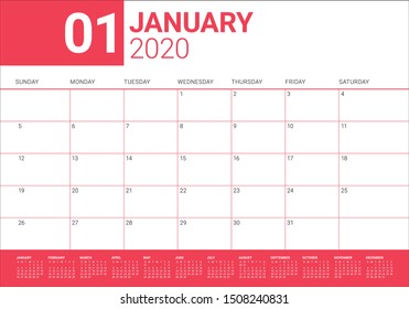 January 2020 desk calendar vector illustration, simple and clean design. 
