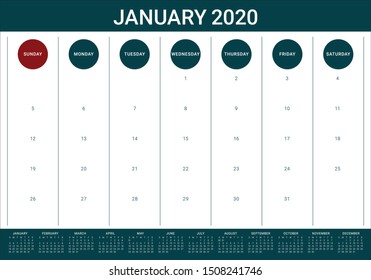 January 2020 desk calendar vector illustration, simple and clean design. 
