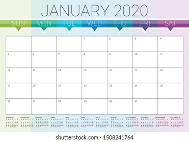 January 2020 desk calendar vector illustration, simple and clean design. 
