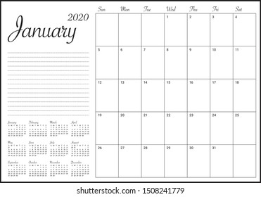 January 2020 desk calendar vector illustration, simple and clean design. 
