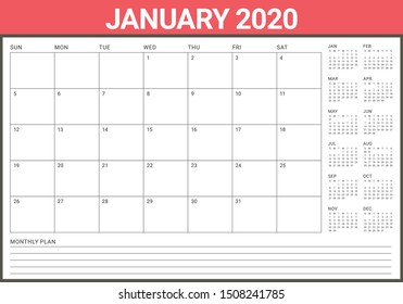January 2020 desk calendar vector illustration, simple and clean design. 
