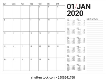 January 2020 desk calendar vector illustration, simple and clean design. 
