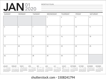 January 2020 desk calendar vector illustration, simple and clean design. 
