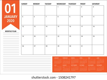 January 2020 desk calendar vector illustration, simple and clean design. 
