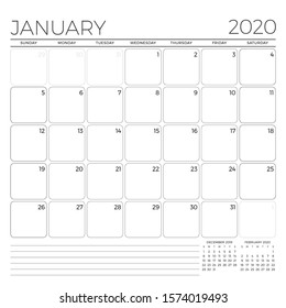 January 2020. Monthly calendar planner template. Minimalist style. Vector illustration. Week starts on Sunday