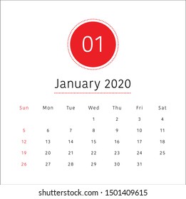 January 2020 monthly calendar vector illustration, simple and clean design. 