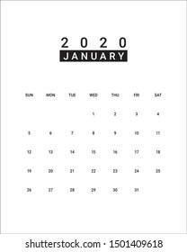 January 2020 monthly calendar vector illustration, simple and clean design. 