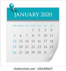 January 2020 monthly calendar vector illustration, simple and clean design. 
