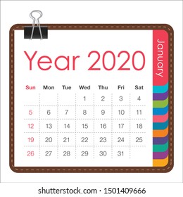 January 2020 monthly calendar vector illustration, simple and clean design. 