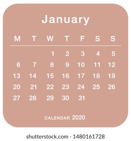 January 2020 planning calendar . Simple January  2020 calendar. Week starts from Monday. Template of calendar for January  