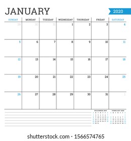 January 2020. Square monthly calendar. Planner template. Minimalist style. Vector illustration. Week starts on Sunday