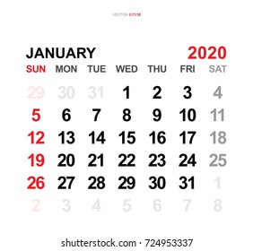 January 2020. Vector monthly calendar template 2020 year in simple style for template design. Week starts from Sunday.