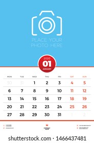 January 2020. Wall calendar planner template for 2020 year. Week starts on Monday. Vector illustration