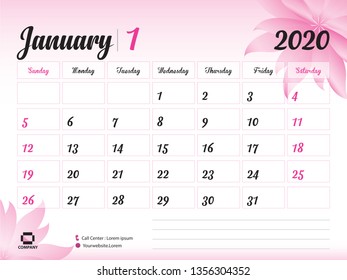 January 2020 Year Template, Calendar 2020 Vector, Desk Calendar Design, pink flower concept for cosmetics, beauty, spa, business; Week Start On Sunday, Planner, Stationery, Printing, Size : 8 x 6 inch
