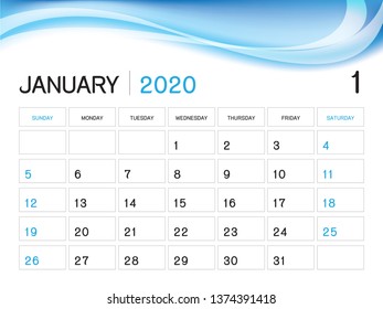 January 2020 Year Template, Calendar 2020 Vector, Desk Calendar Design, Week Start On Sunday, Planner, Stationery, Printing, Size : 8 x 6 inch