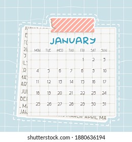 January 2021 calendar. Blue text on squared paper with dots. A piece of newspaper is at the bottom, pink scotch, patterned adhesive tape with lines on the top