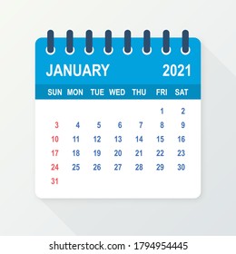 January 2021 Calendar Leaf. Calendar 2021 in flat style. Vector illustration.