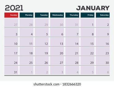 January 2021. Calendar planner design template. Week starts on Sunday.