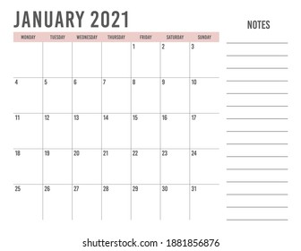 Enero de 2021 Calendario Planner - ilustración vectorial. Plantilla