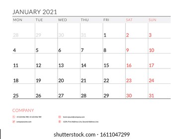 January 2021. Monthly calendar planner printable template. Vector illustration. Week starts on Monday