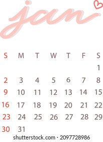 January of 2022 calendar with calligraphy style and pink tone. Pink calendar 2022. Illustration vector