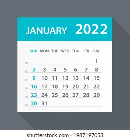 January 2022 Calendar Green Leaf - Vector Illustration