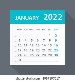 Hoja del Calendario de enero de 2022 - Ilustración de vectores. La semana empieza el lunes